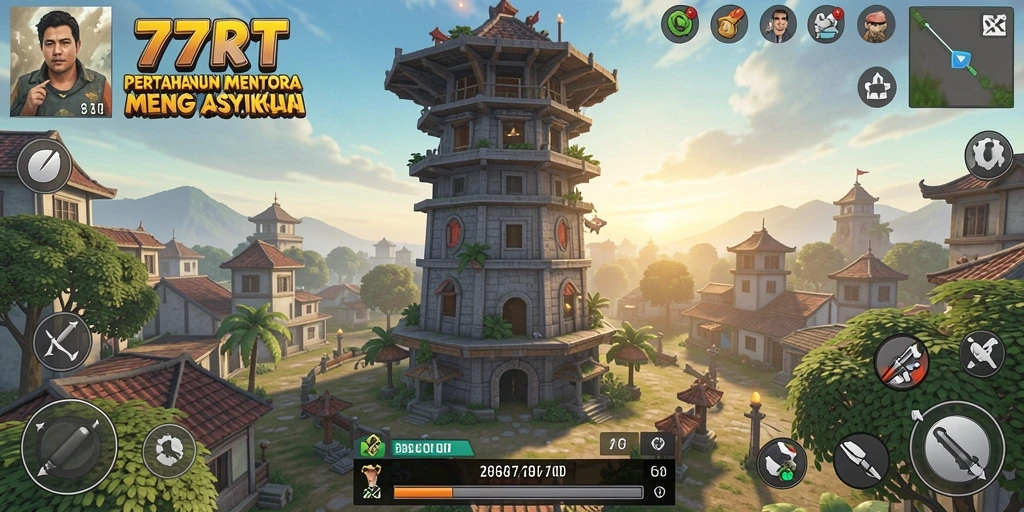 Screenshot gameplay 77RT yang menunjukkan menara dan serangan musuh.