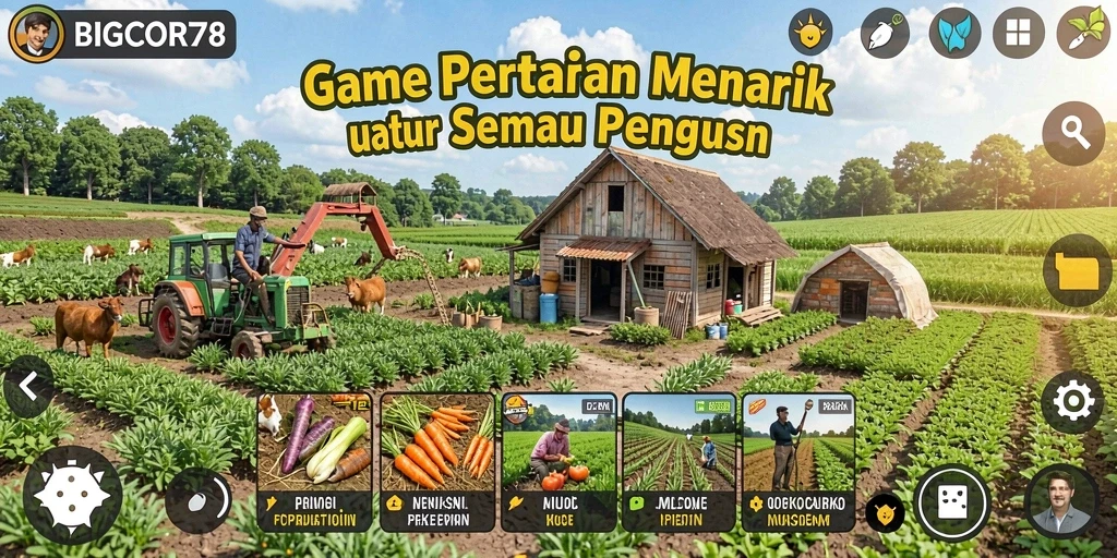 Tampilan seru gameplay pertanian dalam BIGCOR78 dengan berbagai tanaman dan hewan.
