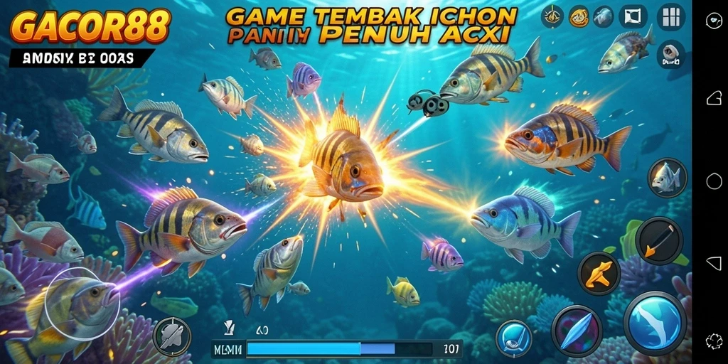 Tangkapan layar GACOR88 menampilkan aksi menembak ikan yang seru.