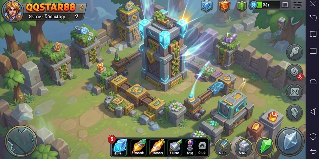 Screenshot gameplay QQSTAR88 yang menampilkan pertahanan menara melawan musuh.